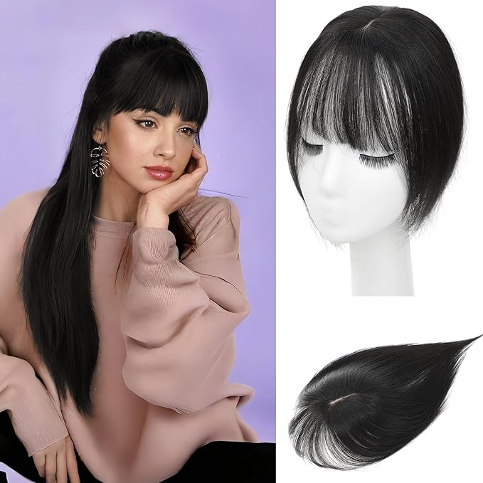 Hair Toppers for Women Real Human Hair, 360°3D Bangs Clip Human Toppers for Women with Thinning hair Realistic Scalp Line (Black, 3D French Bangs(11 * 7))