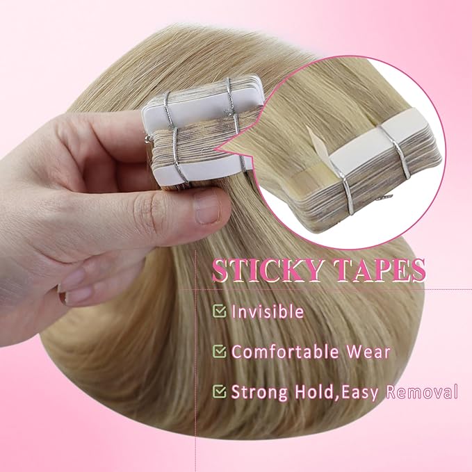 YoungSee 24inch Tape in Human Hair Extensions Highlight Blonde Tape-in Hair Extensions Blonde Highlight Human Hair Extension Tape in Long Straight Hair 20pcs 50g