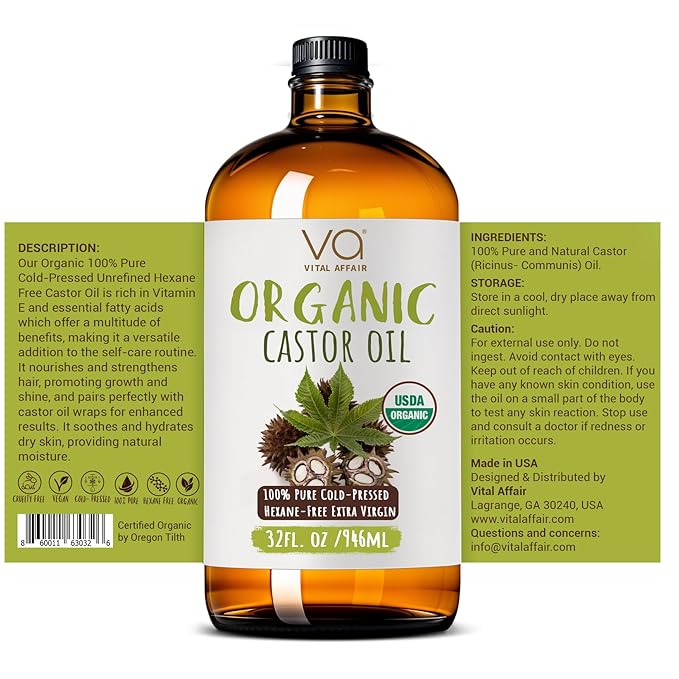 Pure Organic Castor Oil 32oz – Cold Pressed, Unrefined, USDA Organic – Glass Bottle for Hair Growth, Eyelashes, Eyebrows, Face & Castor Oil Packs