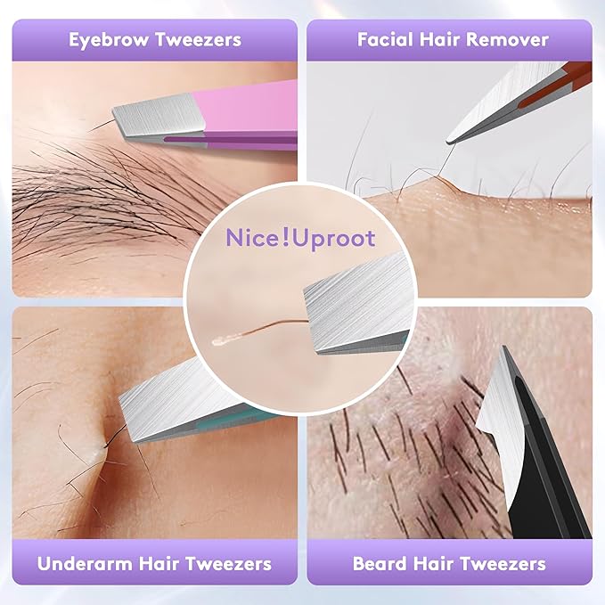 Tweezers for Women Facial Hair,Stocking Stuffers 4 Pack Tweezers for Eyebrows,Tweezer Set for Ingrown Hair, Plucking Daily Beauty Tool with Leather Travel Case for Gifts