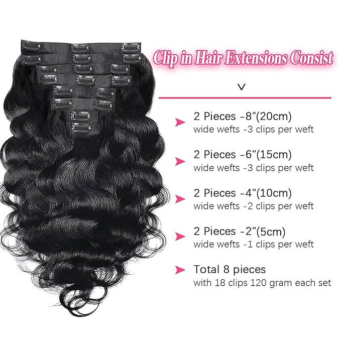 Seamless Body Wave PU Clip In Hair Extensions Real Human Hair Invisible PU Weft Clip Ins 100% Unprocessed Human Hair Extensions 8pcs with 18Clips Per Set 120g(26inch,Natural Black)