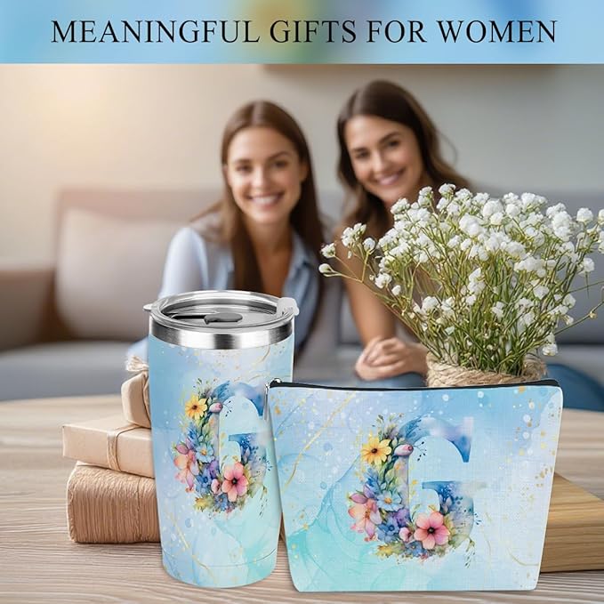 Personalized Gifts Monogrammed Birthday Gifts for Women, Mentor Employee Appreciation Christmas Initial 20 oz Tumbler, Makeup Bag Cup Ballpoint Pens Journal Notebook 6 Set, (Aesthetic Blue Flower G)