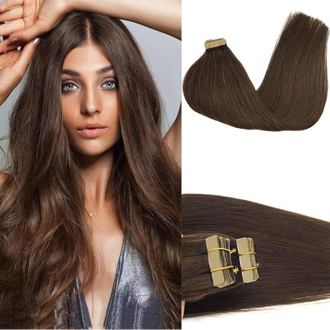 GOO GOO Tape in Hair Extensions Human Hair, 4A Chocolate Brown, 22inch 50g 20pcs, Skin Weft Seamless Invisible, Silky Straight with Thick Ends, Remy Human Hair