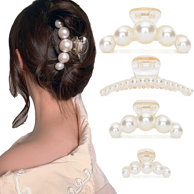 Hair Clips for Women, Large Pearl Hair Claw Clip Set Strong Hold No Slip, Banana Jaw Clip Barrettes, Hair Accessories Birthday Wedding Valentine's Day Gift for Girl Wife Styling Thick Thin (4 PCS)