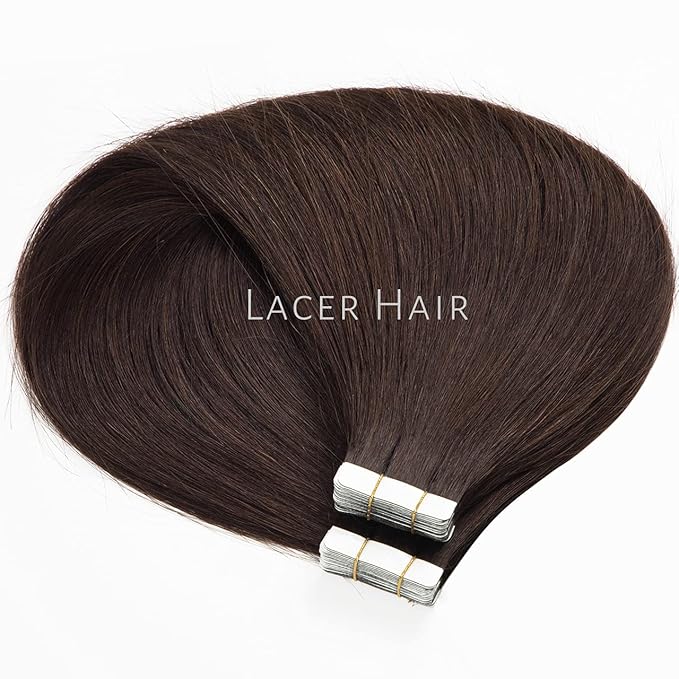 Lacer Real Human Hair Tape in Extensions Black 20 Inch Double Sided Skin Weft Hair Extensions Tape in 20Pcs 50 Gram Color 2A Dark Bown