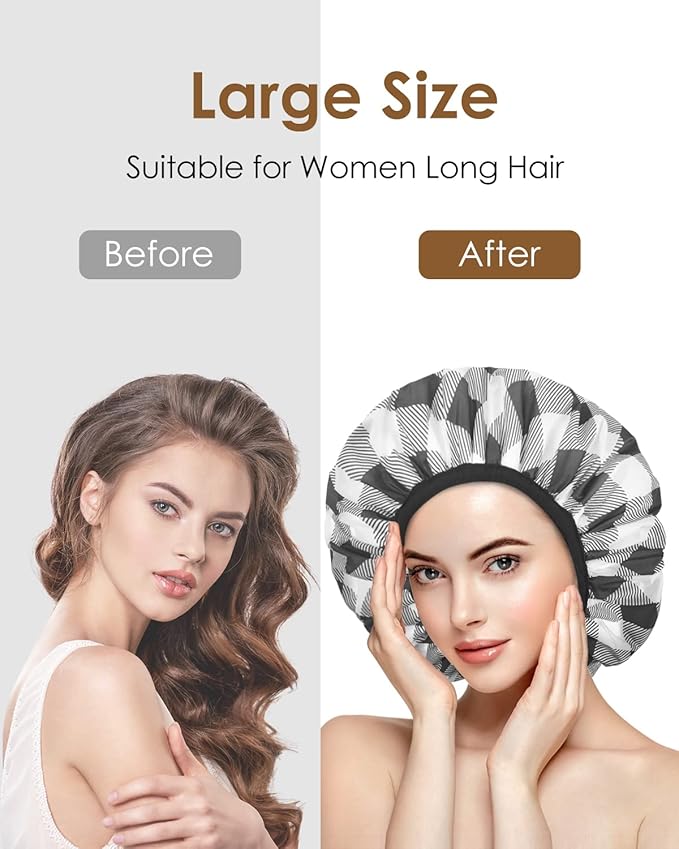 Auban Shower Cap, Shower Cap for Women Terry Cloth Lined EVA Exterior Reusable Double Layer Waterproof, Large Bath Hair Cap, Hotel Travel Essentials Accessories Cleaning Supplies (Checked)