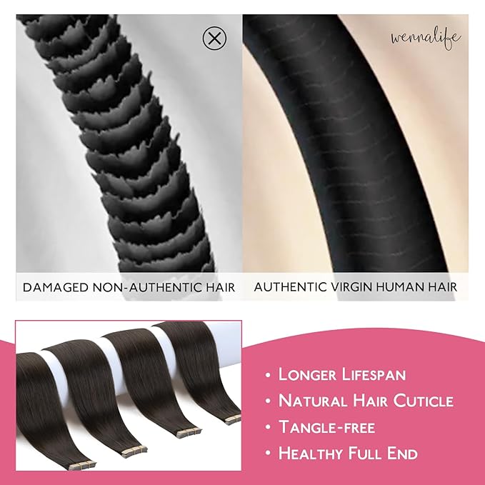 WENNALIFE Tape in Hair Extensions Human Hair Dark Brown Tape in Extensions, 10pcs 30g 26 inch Remy Invisible Tape Ins Straight Colored Soft Real Human Hair Tape in Extensions Refill Set Extensions