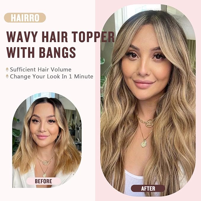 Hairro 18 Inch Long Hair Toppers Wavy with Side Bangs for Women, Clips In Synthetic Hairpieces Capless, for Adding Volume/Birthday/Party/Halloween/Cosplay Dress Up, Pure Black