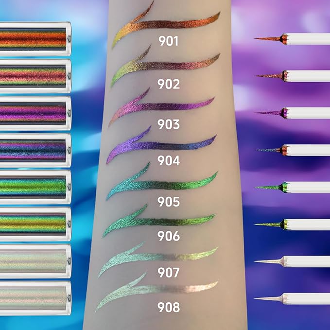 Chameleon Glitter Liquid Eyeliner, Highly Pigmented Intense Color Shifting, Waterproof Eyeliner Metallic Multi-Reflective Finish, Longwearing, Smudge-proof, Ultra-Fine Tip, PINK GOLD GREEN 902