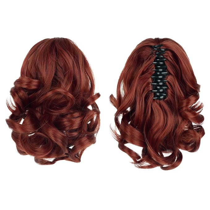 Ponytail Extension, Clip on Ponytails for Women, 9" Claw Clip in Short Curly Wavy Pony Hair Extension for Women - Red
