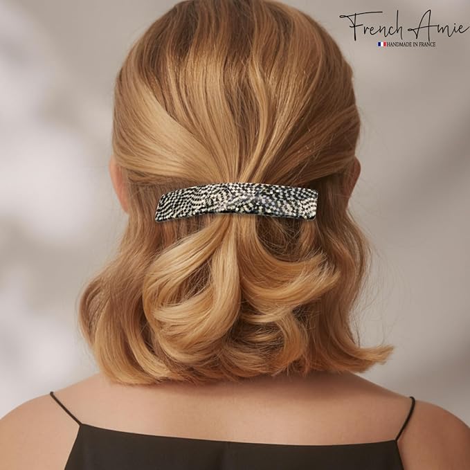 French Amie Oblong Handmade 3.5" Celluloid Automatic Hair Clip Barrette French Hair Clip for Women Strong Hold Set of 2 No Slip Durable Paris Hair Accessories, Made in France (Ivory Black and Opera)