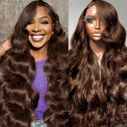30 Inch Chocolate Brown Human Hair Wig 13x6 Body Wave Lace Front Wigs Human Hair Pre Plucked M Hairline 200 Density 13x6 HD Frontal Glueless Colored Brown Human Hair Wig for Women