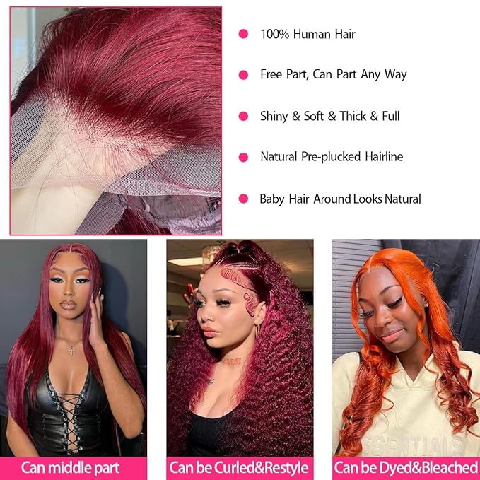 99J Burgundy Lace Front Wigs Human Hair 200 Density Straight 13x6 HD Transparent Lace Frontal Wigs Human Hair Pre Plucked Glueless Red Color Human Hair Lace Front Wigs for Women 30 Inch