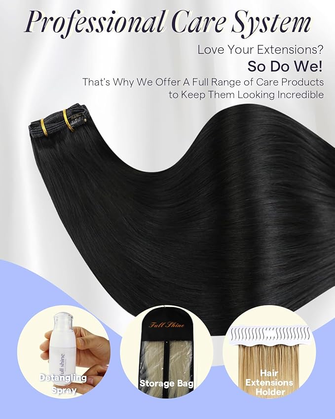 Full Shine Black Extensions Clip in 220 G 24 Inch Long Black Hair Extensions Clip in Human Hair for Length 7 Pcs