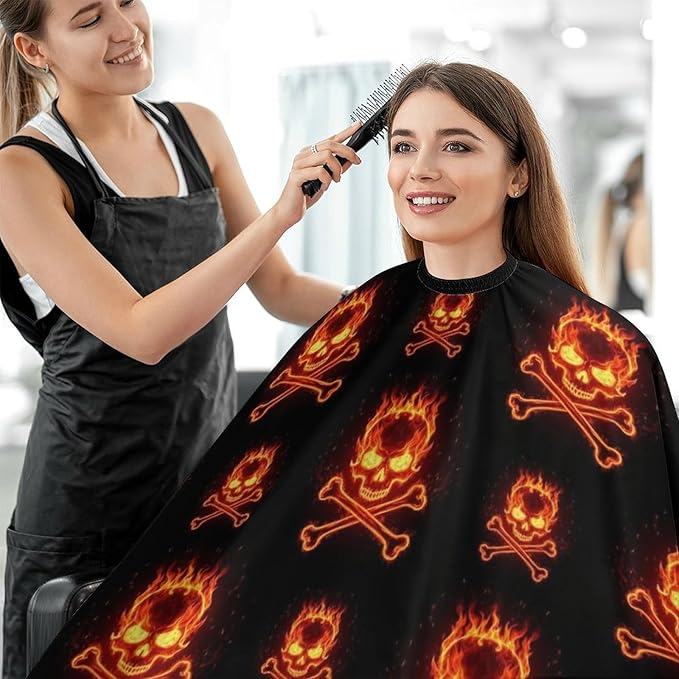 Men Fire Flaming Skulls Crossbones Salon Gown Cape, Full Coverage Haircut Hairdressing Cloth Apron for Hairstylists, Barber Aceessories