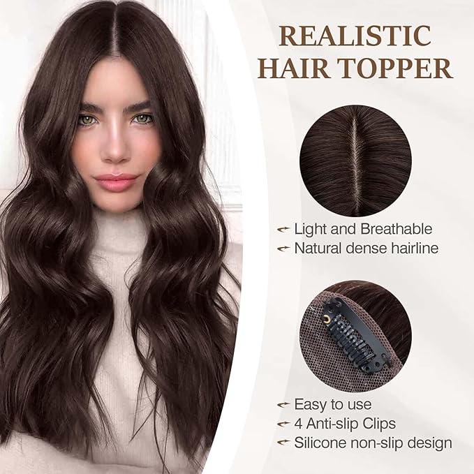 Rich Choices Hair Toppers for Women Real Human Hair 100% Human Remy Toppers NO Bangs for Women with Thinning on Top Clip in Hairpiece 4"x4.7"Lace Base 10 Inch #2 Dark Brown