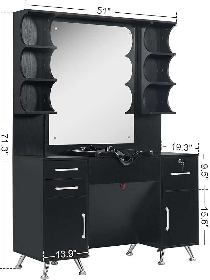 BarberPub Backwash Shampoo Bowl Cabinet, Wall Mount Station with Mirror, Storage Cabinet with Drawers & Shelf Salon Equipment 3141 (Black)