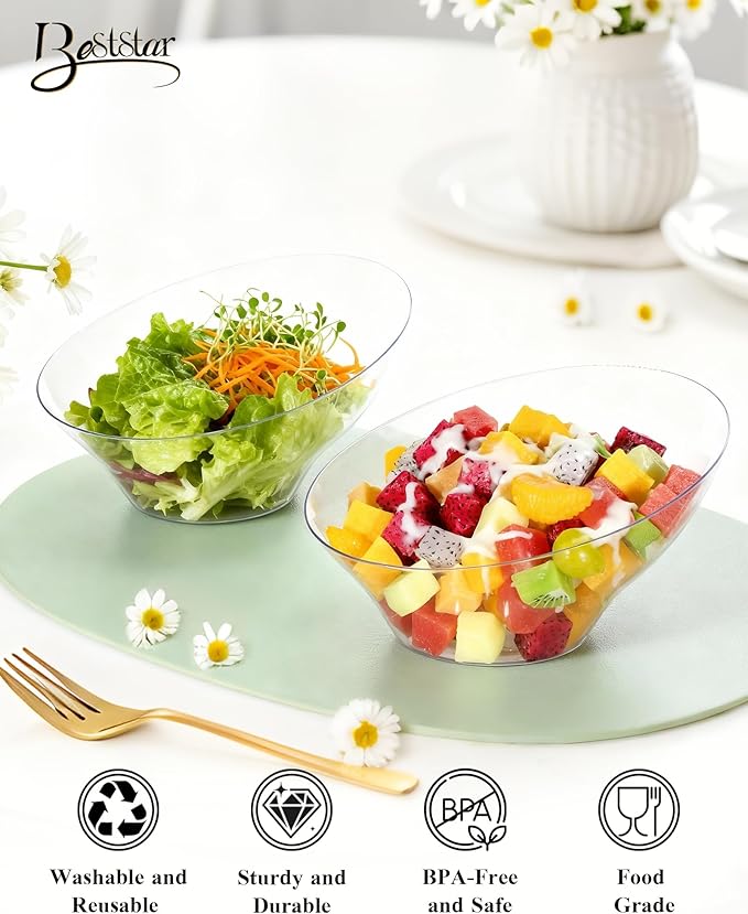 BESTSTAR Clear Plastic Serving Bowls 8 Pack 54 OZ– Angled Disposable Party Bowls for Chips, Salad, Fruit & Candy – Heavy Duty Clear Serving Bowls for Parties, Buffet, Catering, Wedding, Daily Use