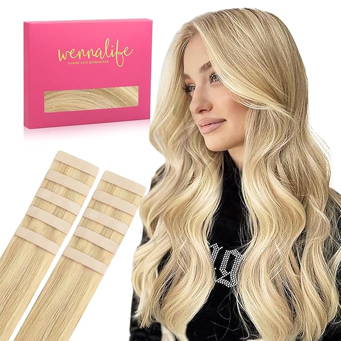 WENNALIFE Tape in Hair Extensions Human Hair Light Blonde Highlighted Golden Blonde Tape in Extensions, 10pcs 30g 24 inch Remy Invisible Tape Ins Straight Soft Real Human Hair Tape in Extensions
