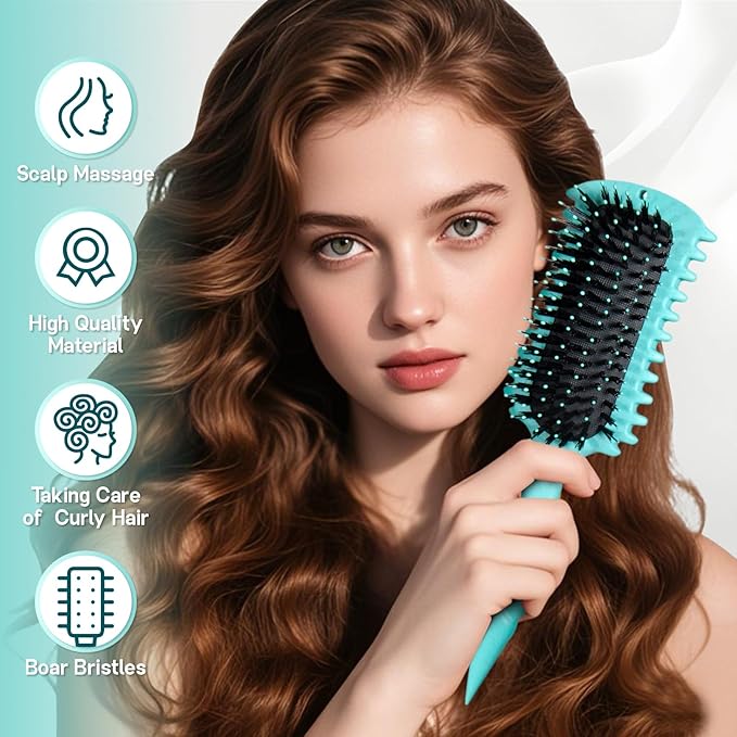 Curly Hair Brush, 5-in-1 Detangling & Curl Defining Brush for Curly Hair Wet or Dry, Shaping & Styling Brushes with Less Pulling for Women & Men (Teal)