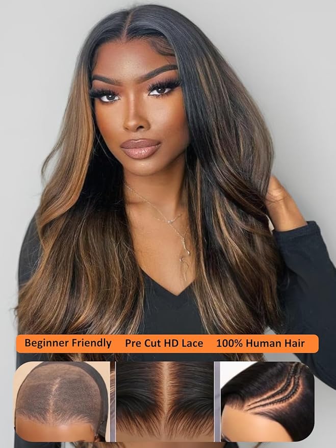 Julia Hair Bye Bye Knots Glueless Wig Highlight Balayage Brown Body Wave 7x5 Pre Cut HD Lace Front Wigs Human Hair Pre Plucked Bleached Knots Pre Everything Ready To Go Ombre Wig 16 Inch