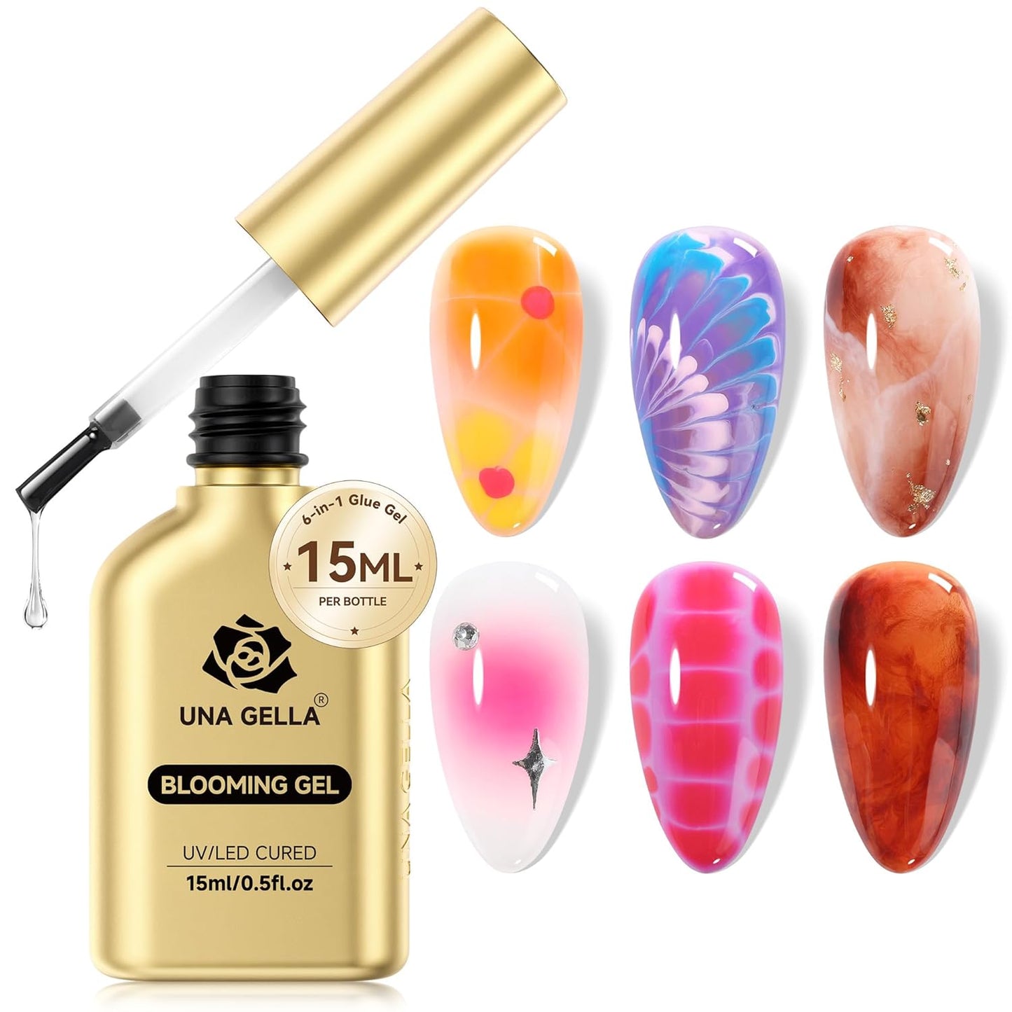 UNA GELLA Blooming Gel Nail Polish 15ml Super Clear for Spreading Effect U V/LED Needed Nail Blooming Gel for Marble Natural Stone Floral Print Watercolor Effect Design Soak Off Home DIY Salon