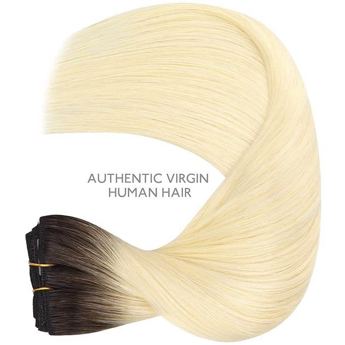 WENNALIFE Clip in Hair Extensions, 14 Inch 120g 7pcs Clip in Hair Extensions Real Human Hair, Ombre Light Dark Brown to Platinum Blonde Remy Hair Straight