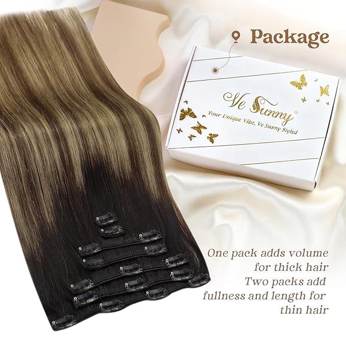 Ve Sunny Human Hair Clip in Extensions, Balayage Clip in Hair Extensions, Clip in Extensions Real Human Hair, Black Root Brown to Blonde Hair Extensions for Daily Use, 20inch 7pcs 120g