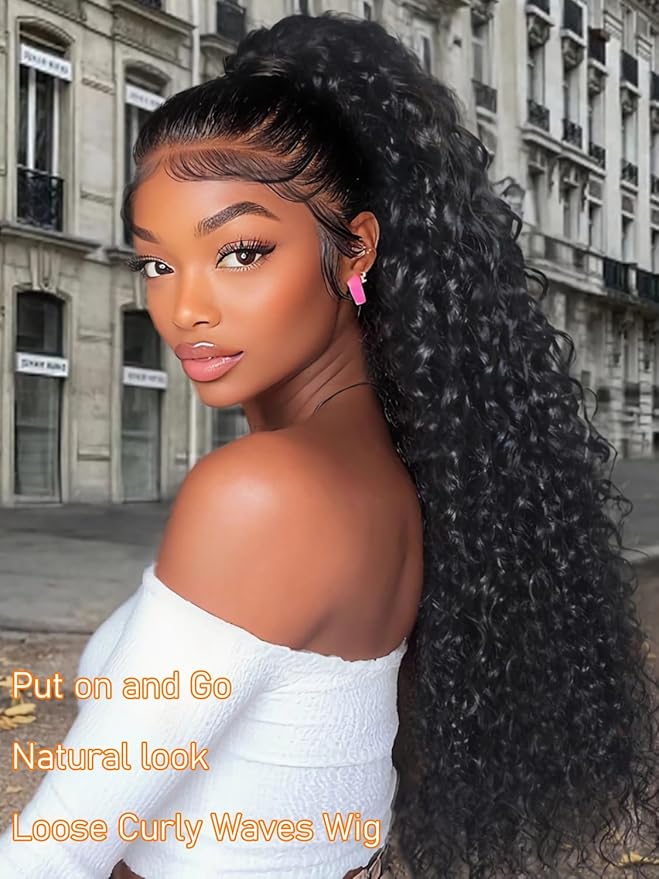 Julia Hair Loose Curly Wave Glueless Wigs Human Hair 7x5 HD Lace Closure Bye Bye Knots Mixed Curls Wig with Invisi Drawstring Pre Plucked Pre Bleached Put on and Go Beginner Friendly 16 Inch