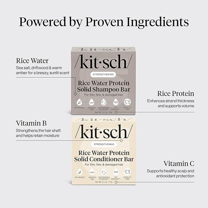 Kitsch Rice Water Protein Solid Shampoo and Conditioner Set for Hair Growth – Strengthening Hair Care Duo w/Rice Protein & Vitamins for Damage Repair – Paraben, Sulfate & Silicone Free, Made in USA