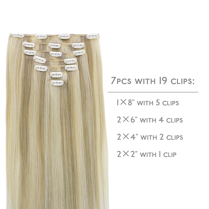 WENNALIFE Clip in Hair Extensions Real Human Hair, 22 Inch 160g 7pcs Ash Blonde Highlighted Platinum Blonde Remy Hair Straight Natural Extensiones De Cabello Humano Con Clip Ins