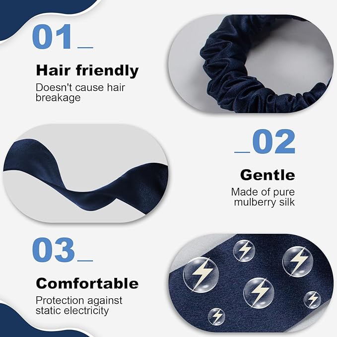 1 Piece Silk Bow Scrunchies for Hair-100% Pure Mulberry 22 Momme Silk Hair Tie, Elastic Ponytail Holder, Elegant Soft Bow Hair Ties Band for Women Hair Care, Multiple Colours (NAVY BLUE)