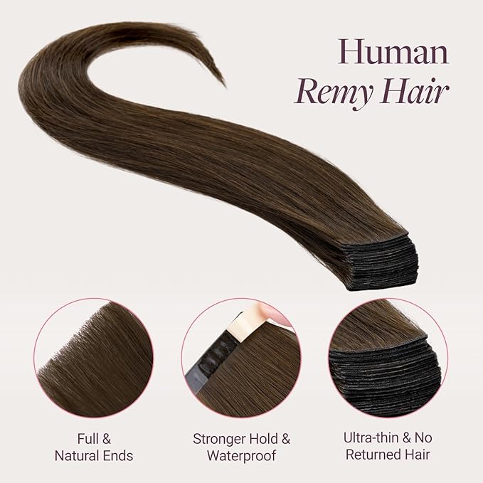 GOO GOO Genius Tape in Hair Extensions, Hand Tied Tape Weft, 4A Chocolate Brown, 18inch 50g 20pcs, Remy Human Hair, Seamless Invisible Tape, Natural Blend, Lightweight
