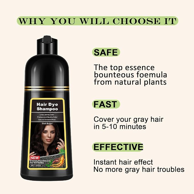 Instant Dark Brown Hair Dye Shampoo for Gray Hair - Long Lasting Herbal Formula, Colors in Minutes, 3 in 1 for Women and Men, 17.6 FL OZ
