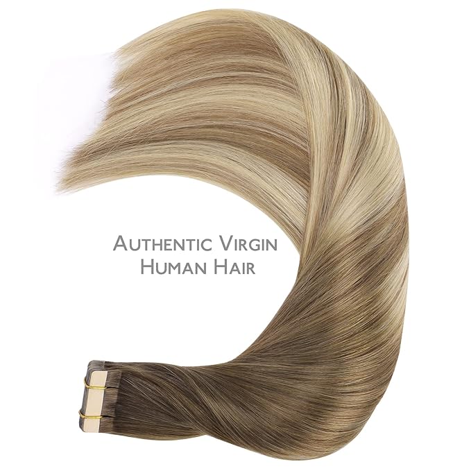 WENNALIFE Tape in Hair Extensions Human Hair, 20pcs 20 inch 50g Ombre Walnut Brown to Ash Brown and Bleach Blonde Remy Tape Hair Extensions Real Human Hair Tape Extensions Coloured Hair Extensions
