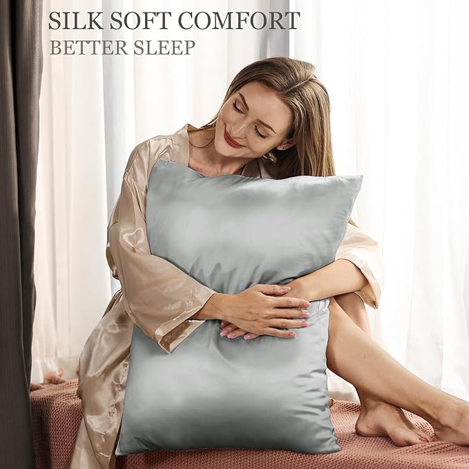 Adubor Silk Pillowcase for Hair and Skin with Hidden Zipper, Both Sides 23 Momme Silk Pillow Case, Standard Size 20×26 inches, Dark Grey, 2PCS