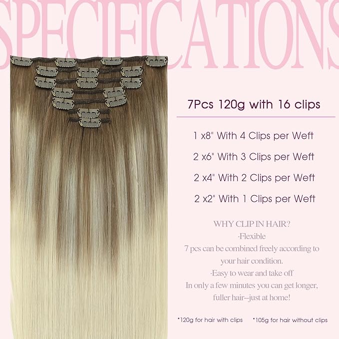 PINKPEARL Human Hair Clip in Hair Extensions 14inch #8T60 Ash Brown to Platinum Blonde Balayage Clip in Hair Extensions Real Human Hair 7pcs 120g Natural Remy Human Hair(#8T60-14)