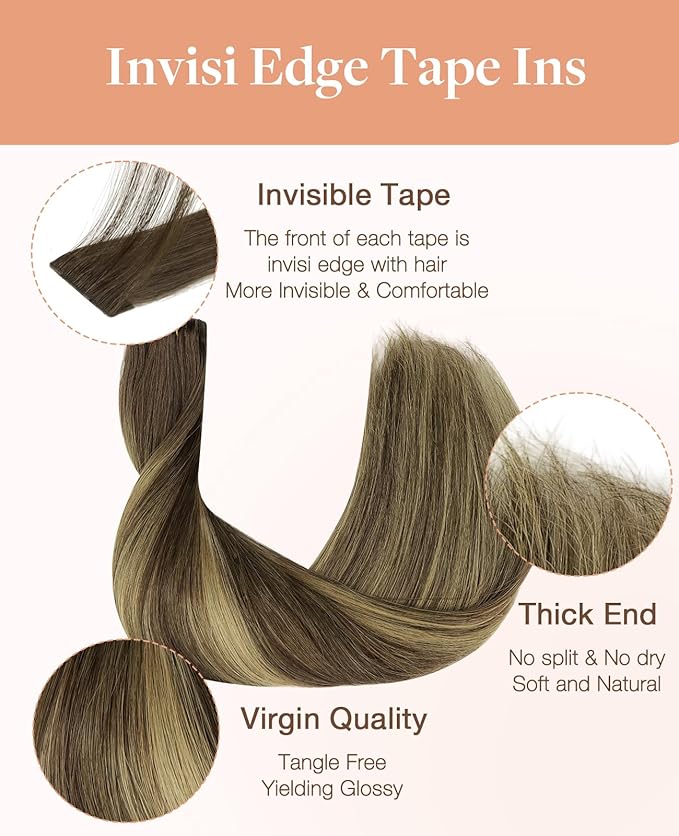 GOO GOO Invisi Edge Tape in Hair Extensions Human Hair, 4/27/4 Balayage Chocolate Brown to Caramel Blonde, 6pcs 10inch 15g, Virgin Remy Hair, Seamless Injected Tape, Natural Look