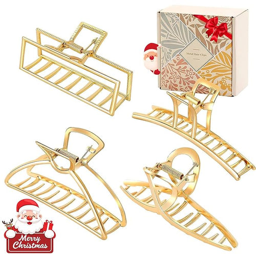 4 Pack Large Gold Hair Claw Clips for Women Thick Hair, French Design Metal Cross Banana Non-Slip Hair Catch Barrette Jaw Clamp Clips for Women and Girls
