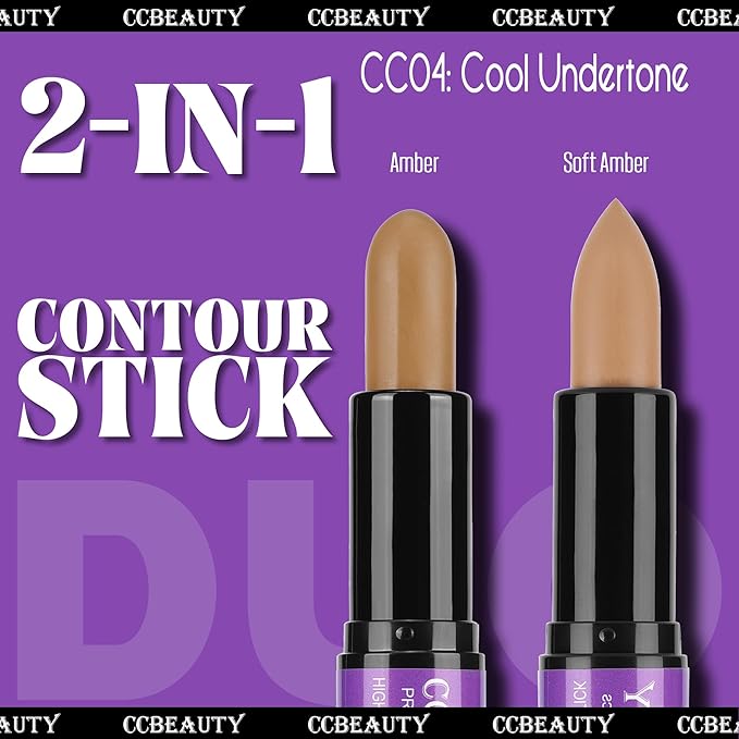 CCbeauty 2-IN-1 Contour Stick Cool Tone, Cream Dual Bronzer Concealer Shade with Cool toned Matte Finish, Contouring Bronzing Makeup for Face Shaping Makeup, Amber & Soft Amber