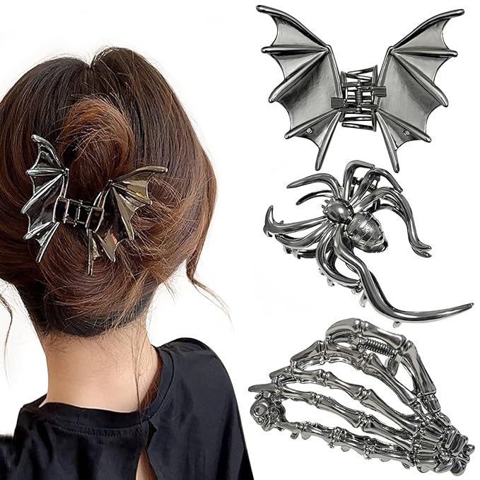 3 Pieces Large Metal Spider Net Bat Hand Hair Claw Clips for Women and Girls Thick Long Hair, Gothic Decor Skeleton Spooky Hair Styling Accessories for Halloween Christmas Gifts