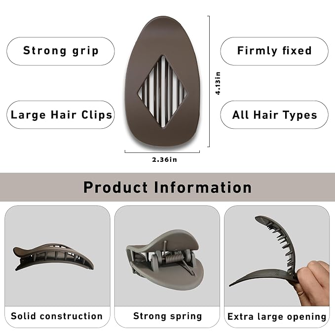 6Pcs Large Flat Square Claw Clips - Non-Slip Strong Hold French Duckbill Barrettes for Thick/Medium/Thin Hair, Matte Solid Neutral Colors Hair Accessories for Women & Girls