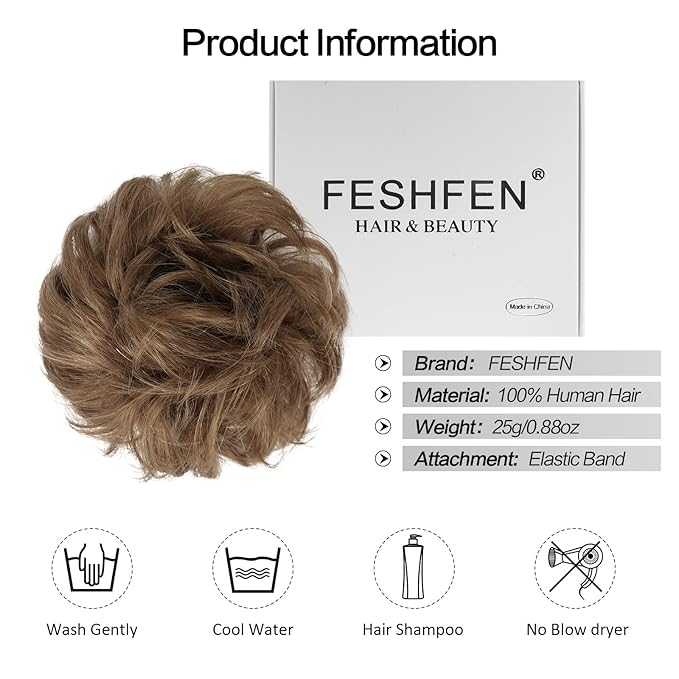 FESHFEN Human Messy Buns - 100% Human Hair Bun Real Scrunchies Hair Pieces Ponytail Extensions Wavy Tousled Updo Chignon Hairpieces for Women, Ash Brown