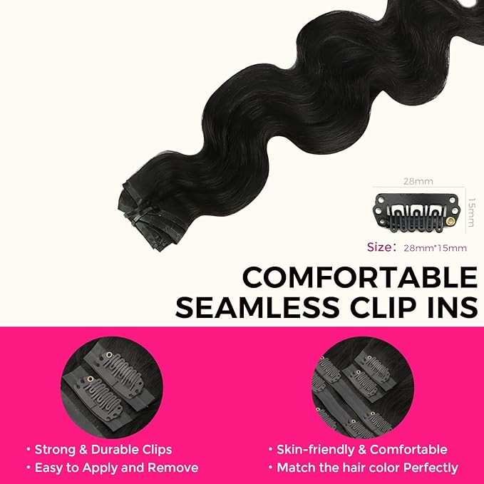 Lashey Seamless Clip in Hair Extensions Human Hair Body Wave 130g 9pcs Natural Black 18 Inch Clip in Hair Extensions Human Hair PU Clip ins with Invise Edge for Women