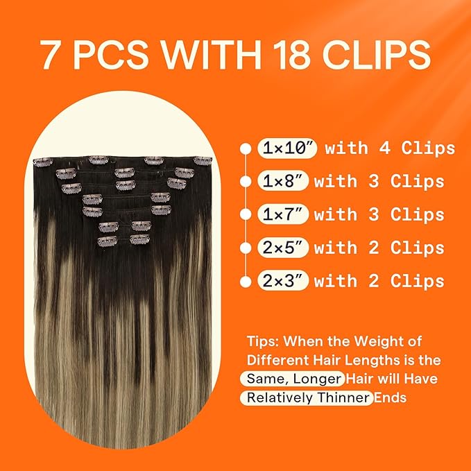 Full Shine Balayage Human Hair Clip in Extensions 16 Inch Clip in Real Hair Extensions Balayage Dark Brown to Caramel Blonde 7 Pcs 120 G
