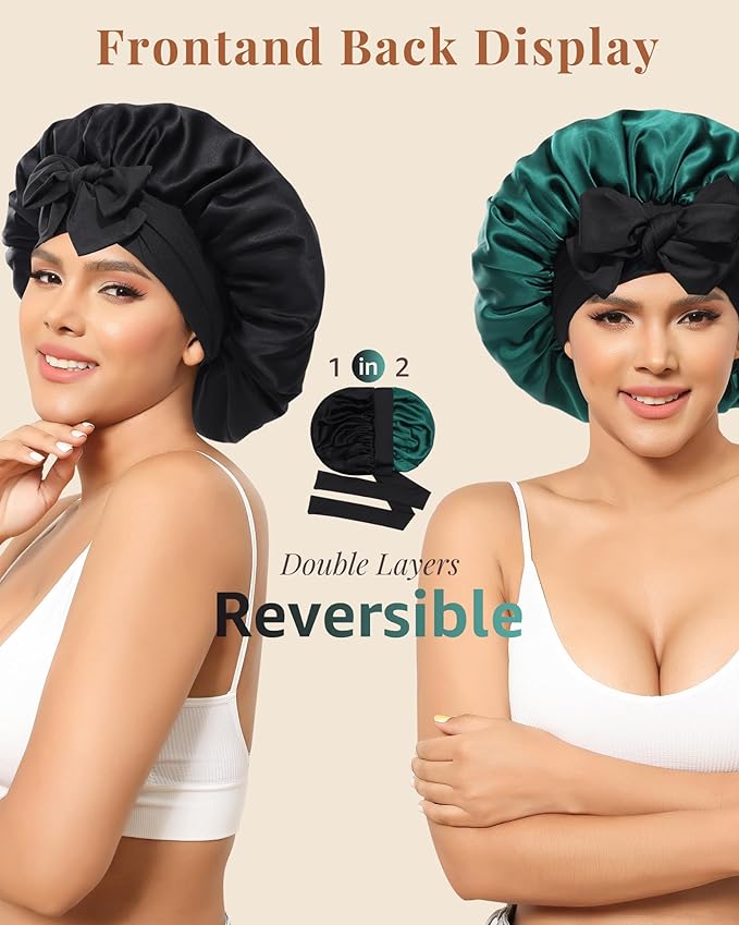 AWAYTR Silk Bonnet for Sleeping Women 100% Mulberry Silk Bonnet with Band 2 Layer Reversible Hair Bonnet Sleeping Hair Wrap (Silk, Black/Green)