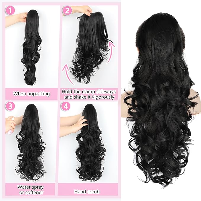 ALXNAN Ponytail Extension,24 Inch Claw Clip in Long Curly Wavy Black Ponytail Hair Extension Jaw Clip on Pony Tails Hairpiece for Women