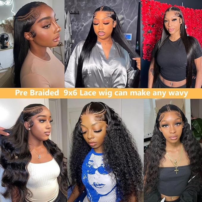 250% Pre Braided Wig Glueless Wigs Human Hair Pre Plucked Pre Cut for Women 9x6 Silky Straight HD Lace Front Wigs Human Hair Pre Everything Glueless Pre Plucked Bleached Knots Lace Front Wig