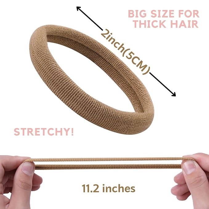 60 Pcs 2 Inch Light Brown No Damage Hair Ties for Women Thick Hair, Large Soft Seamless Nylon Fabric Elastic Hair Ties Ponytail Hair Holders Hair Elastics Hair Band for Women