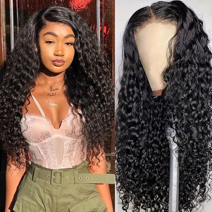 SOSATISFY Deep Wave Lace Front Wigs Human Hair 4x4 HD Transparent Lace Closure Wigs Glueless 180% Density Human Wigs for Black Women Pre Plucked with Baby Hair (24 inch)